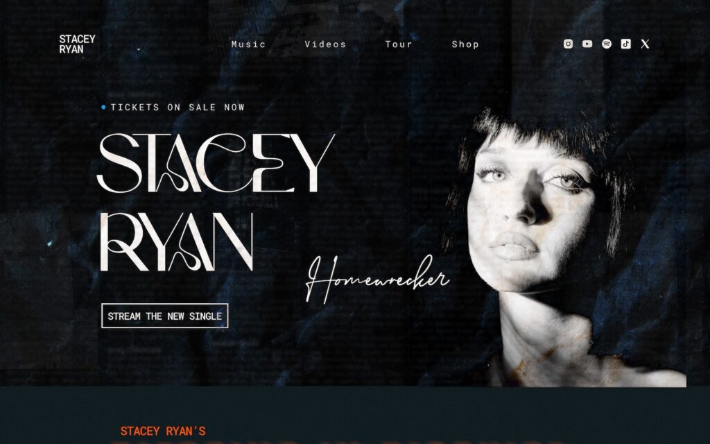 A screenshot of Stacey Ryan's home page. "Stacey Ryan" in creative, script font over a black background and a black and white image of Stacey in a noir style.